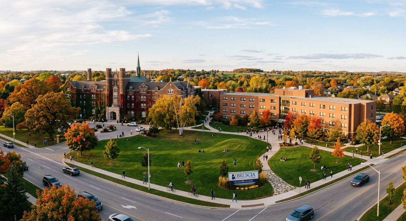 Brescia University College campus wide shot showing historic Ursuline Hall and Clare Hall residence along Western Road, green lawns, mature trees, London Ontario suburban setting, warm autumn light