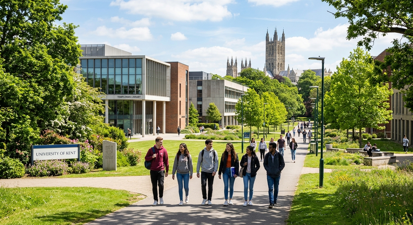 University of Kent Canterbury campus with historic cathedral spires in the background, green parkland, modern university buildings, and international students walking along tree-lined pathways on a sunny day