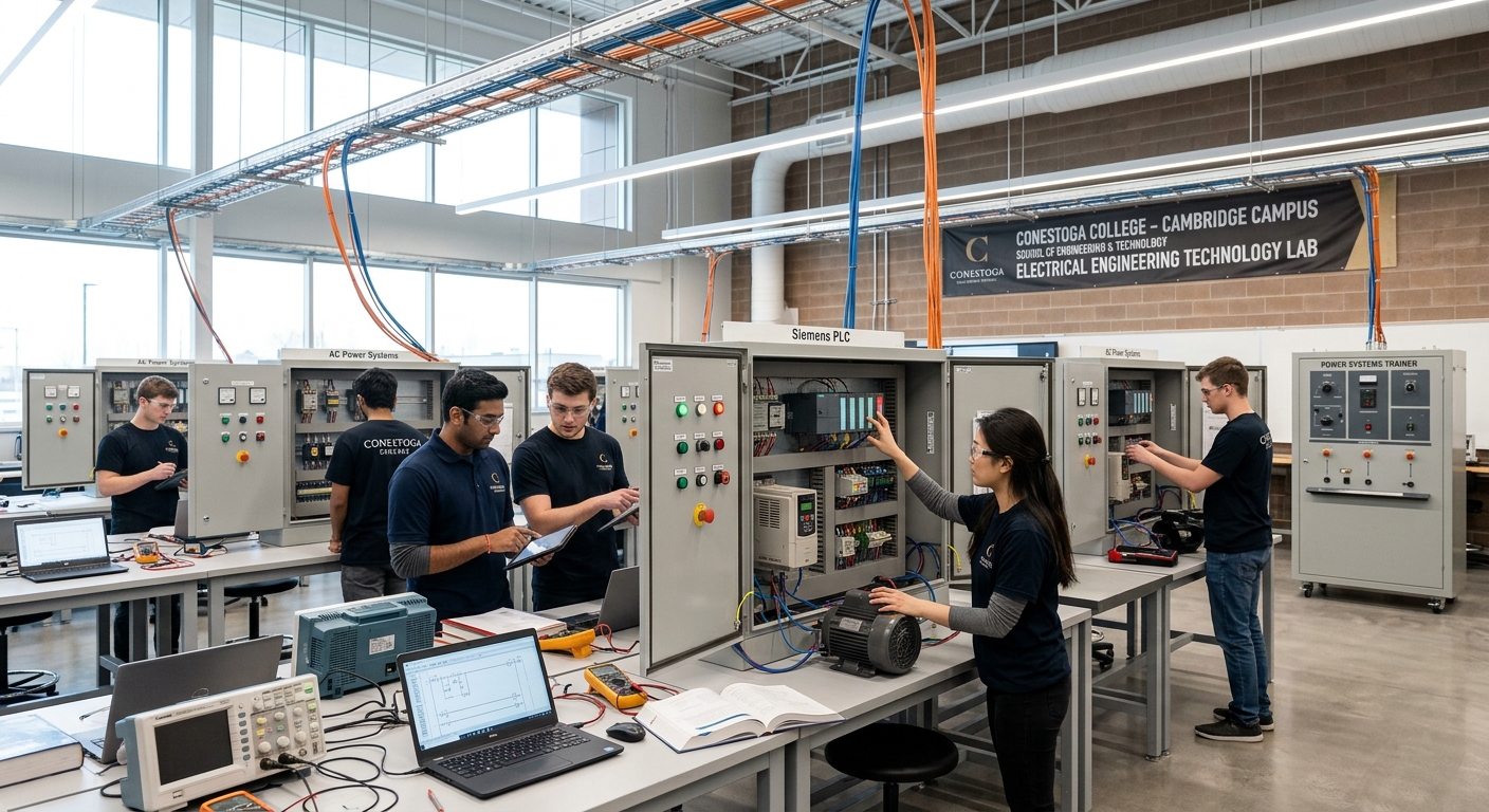 Modern electrical engineering technology lab at Conestoga College Cambridge campus, students working with PLC controllers, motor drives, and power systems equipment, industrial automation panels visible, bright overhead lighting