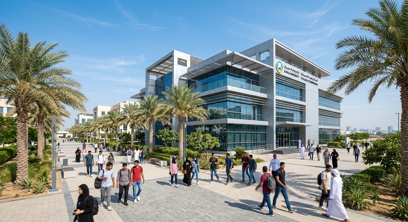 Modern engineering campus at Ajman University with students walking past the College of Engineering building, palm trees lining the pathways, contemporary architecture with glass facades, clear blue sky typical of the UAE