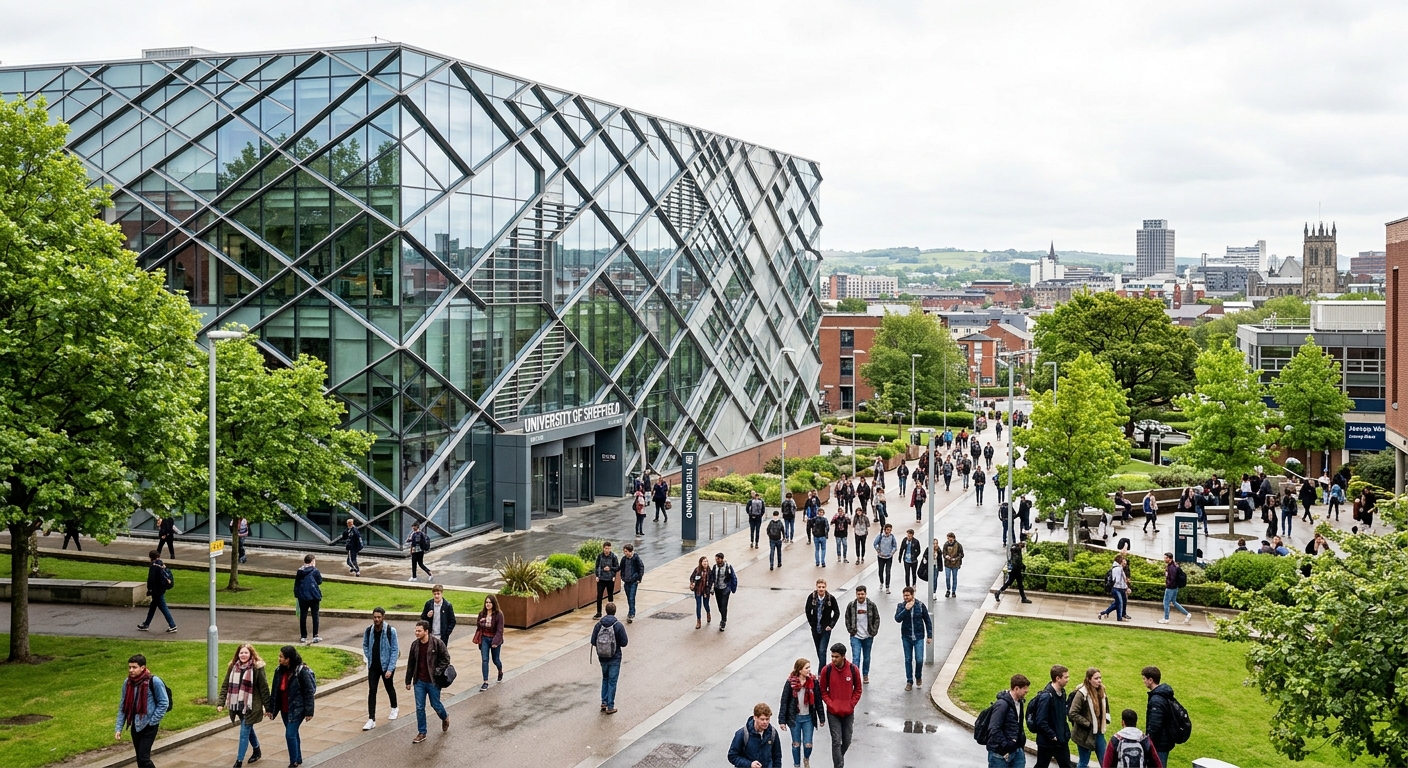 University of Sheffield campus with The Diamond building, modern glass and steel architecture, students walking on pathways surrounded by green spaces, Sheffield cityscape in background, bright overcast sky typical of South Yorkshire