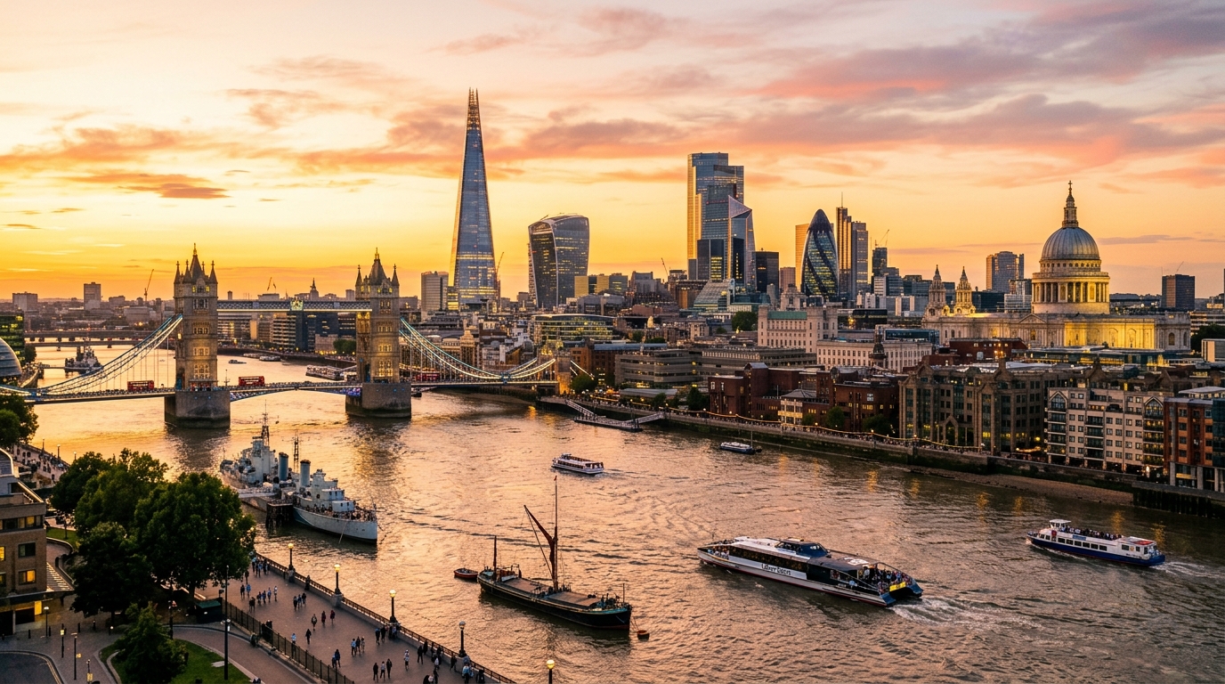 London skyline panorama, iconic landmarks including Tower Bridge, The Shard, and St Paul's Cathedral, River Thames in foreground, warm golden hour light, vibrant urban atmosphere