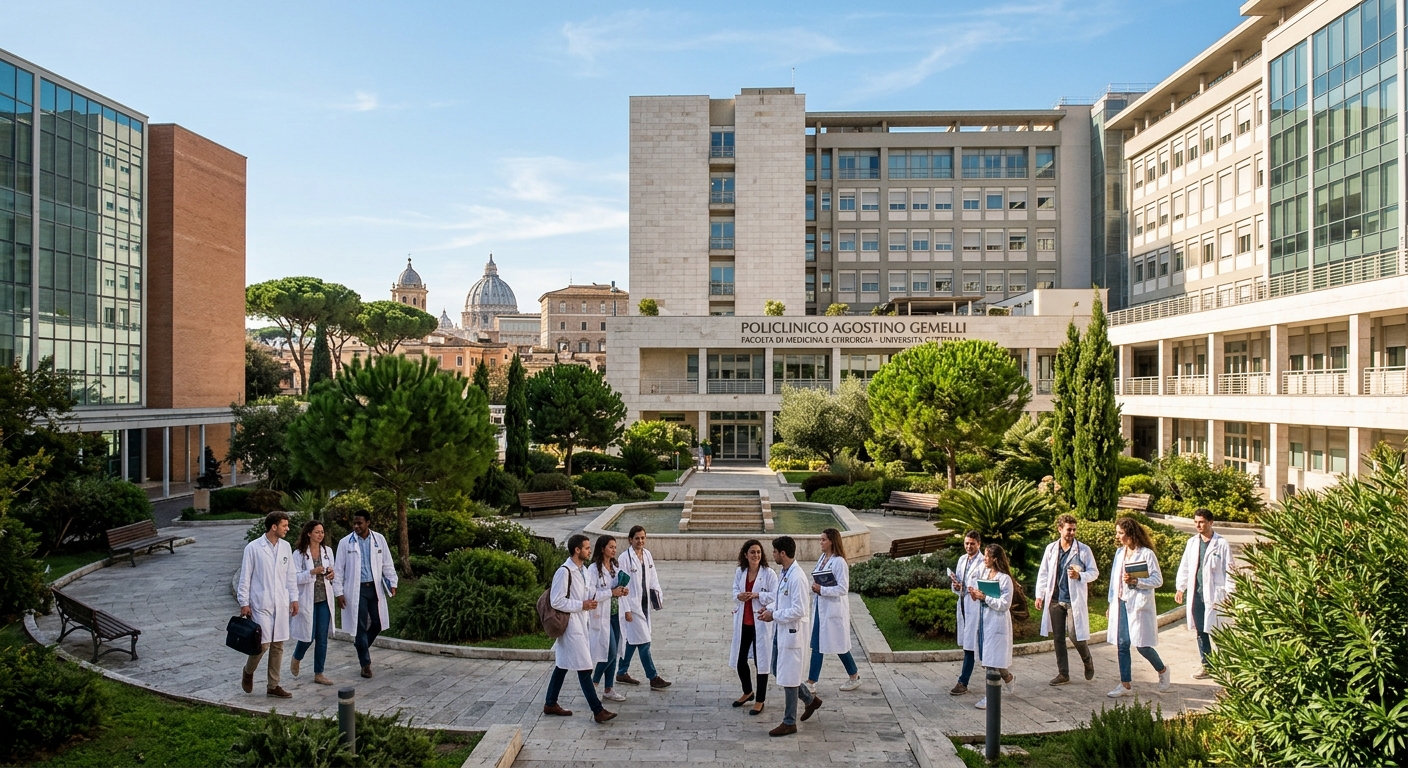 Modern university hospital building at Policlinico Agostino Gemelli in Rome, Italy, with medical students in white coats walking through a sunlit courtyard, historic architecture visible in background