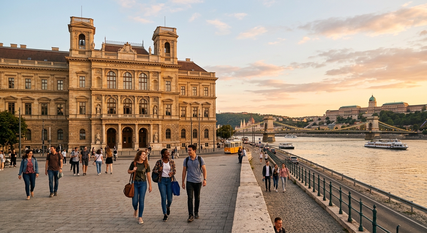 Corvinus University of Budapest neo-renaissance main building on the Danube riverbank, Budapest cityscape with Chain Bridge in background, students walking in front of historic facade, warm golden hour lighting