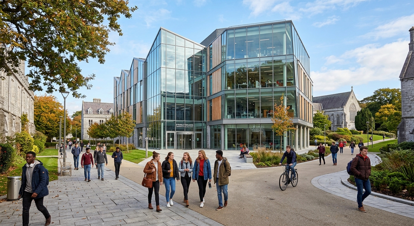 Modern O'Rahilly Building at UCC with glass facade and contemporary architecture, students walking on pathways between buildings