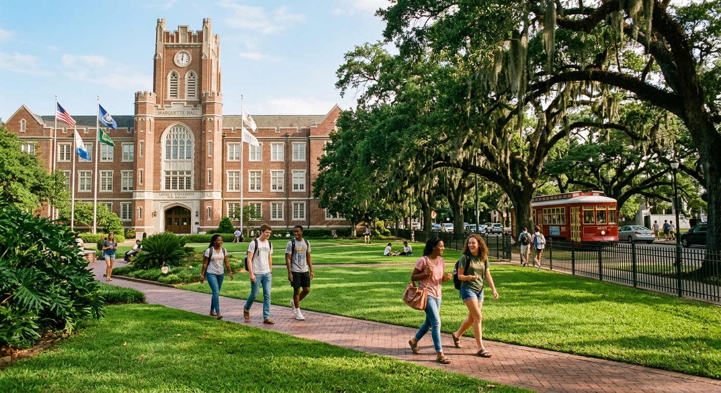 Loyola University New Orleans campus with historic Marquette Hall and oak-lined St. Charles Avenue, students walking across green quadrangle in warm Louisiana sunlight