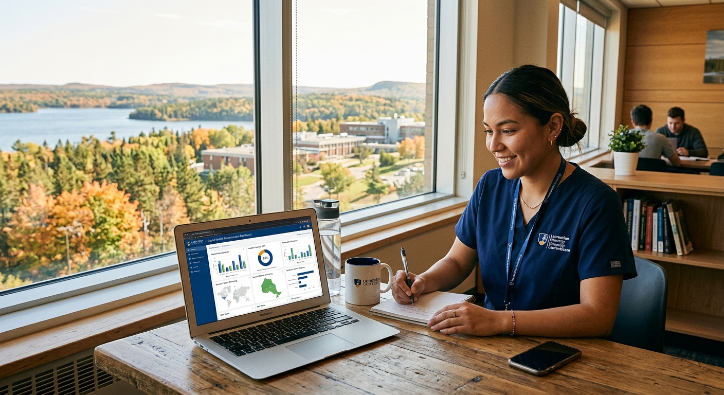 Modern online learning environment with a healthcare professional studying on a laptop, digital health administration dashboard on screen, Laurentian University branding, northern Ontario landscape visible through a window, warm natural lighting