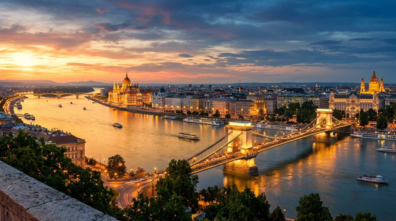 Budapest cityscape panorama at sunset, Danube River with Chain Bridge and Parliament Building illuminated, Buda Castle on the hill, warm golden light reflecting on water