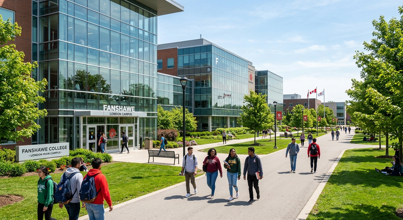 Fanshawe College London main campus, modern academic buildings with large glass facades, students walking along tree-lined pathways, green lawns, sunny day