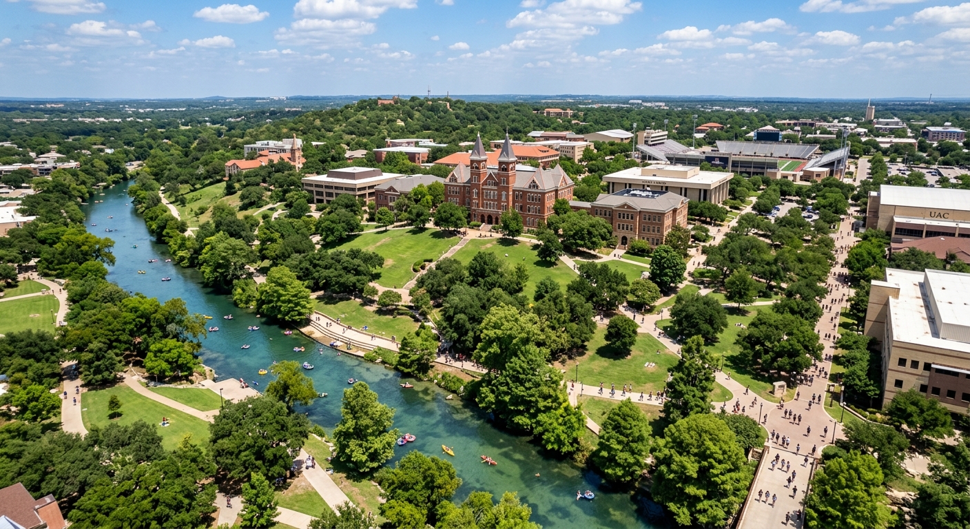 Aerial view of Texas State University campus in San Marcos, Texas, with the San Marcos River flowing through green grounds, historic Old Main building visible, students walking along tree-lined paths under a bright blue sky