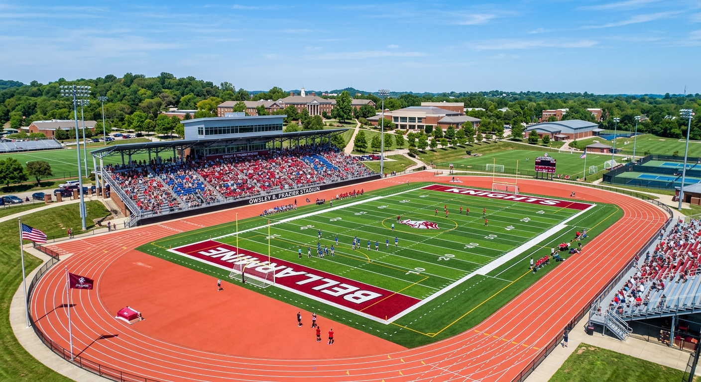 Owsley B. Frazier Stadium at Bellarmine University, multi-purpose athletic stadium with green turf field, track surrounding the field, spectator seating, blue sky