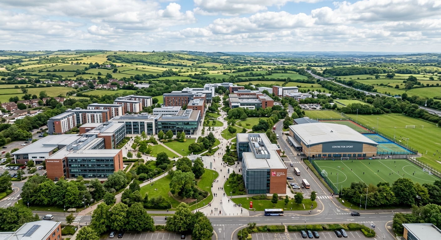 UWE Bristol Frenchay Campus wide aerial view showing modern university buildings, green lawns, student walkways, and the Centre for Sport, with rolling English countryside in the background under partly cloudy skies