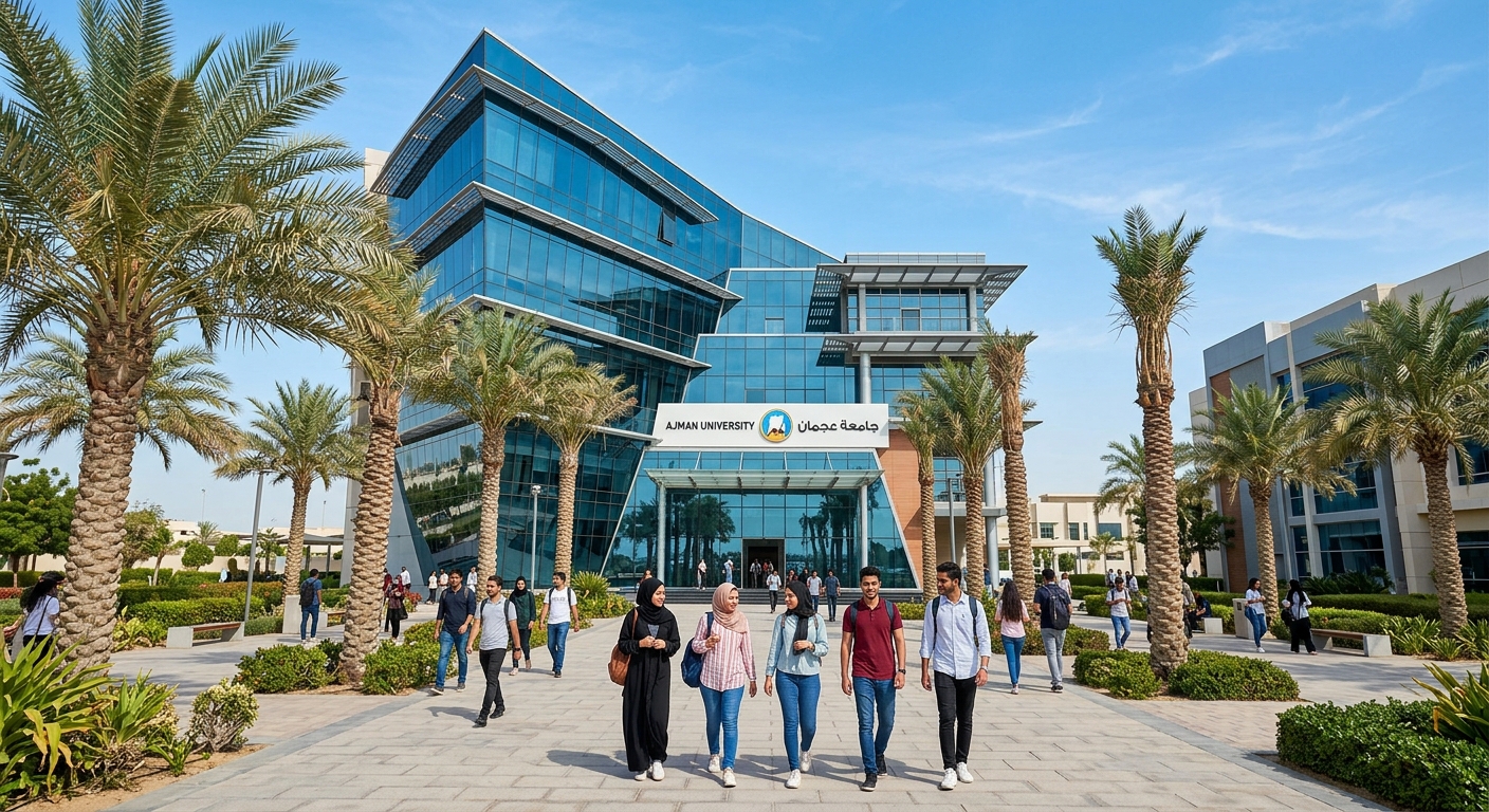 Modern Ajman University campus building with glass facade in Ajman, United Arab Emirates, palm trees lining the entrance, students walking through courtyard, clear blue sky