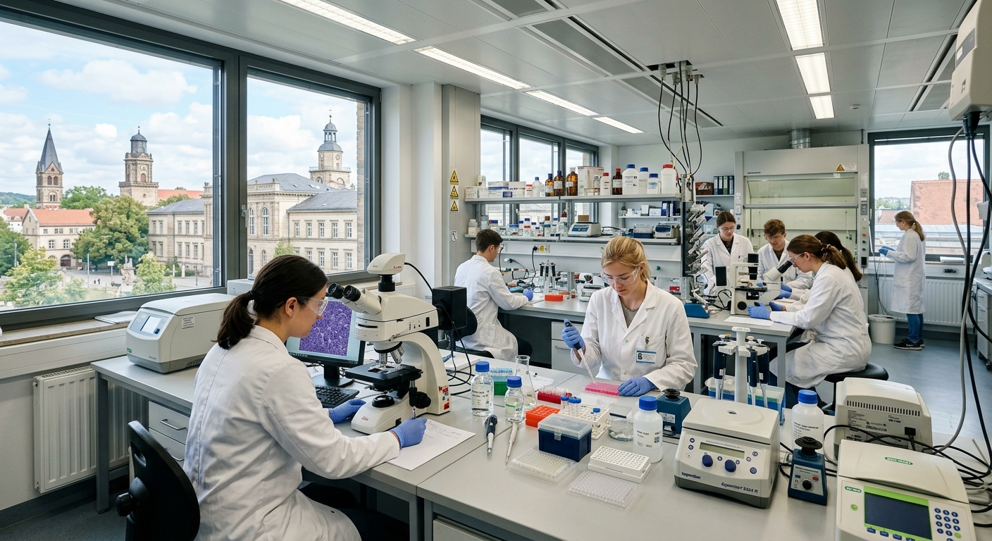Modern biomedical research laboratory at University of Göttingen with students in white lab coats working with microscopes and molecular biology equipment, bright clinical lighting, historic German university campus visible through windows