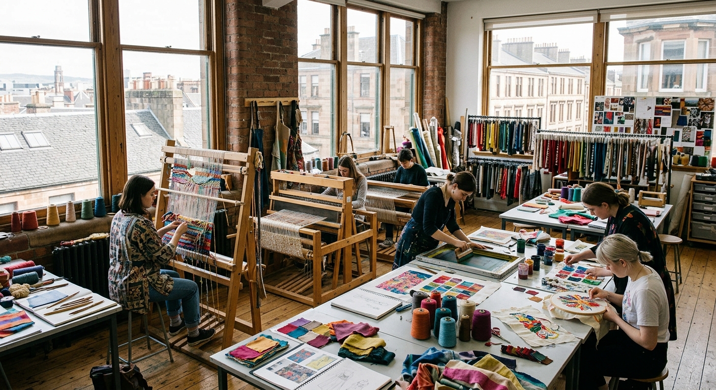 Glasgow School of Art textile design studio with colourful fabric swatches, weaving looms, and students working on print and embroidery projects, large windows letting in natural light over Garnethill in Glasgow