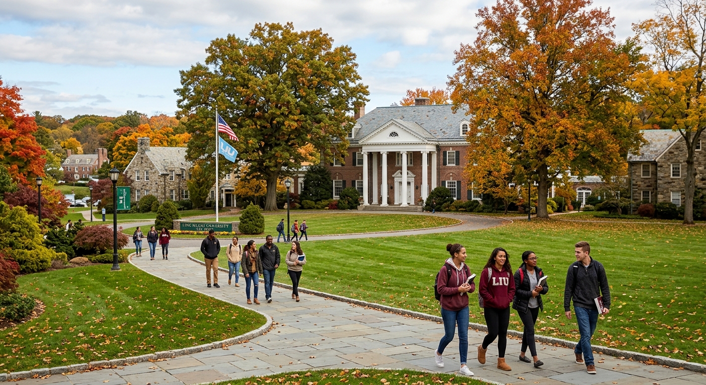 Long Island University campus with historic mansion buildings surrounded by green lawns and trees, students walking along pathways, suburban New York setting with autumn foliage