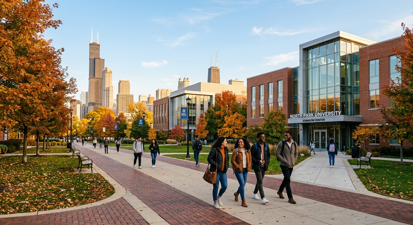 North Park University urban campus in Chicago with modern academic buildings surrounded by trees, students walking along pathways, city skyline visible in the background, warm autumn light