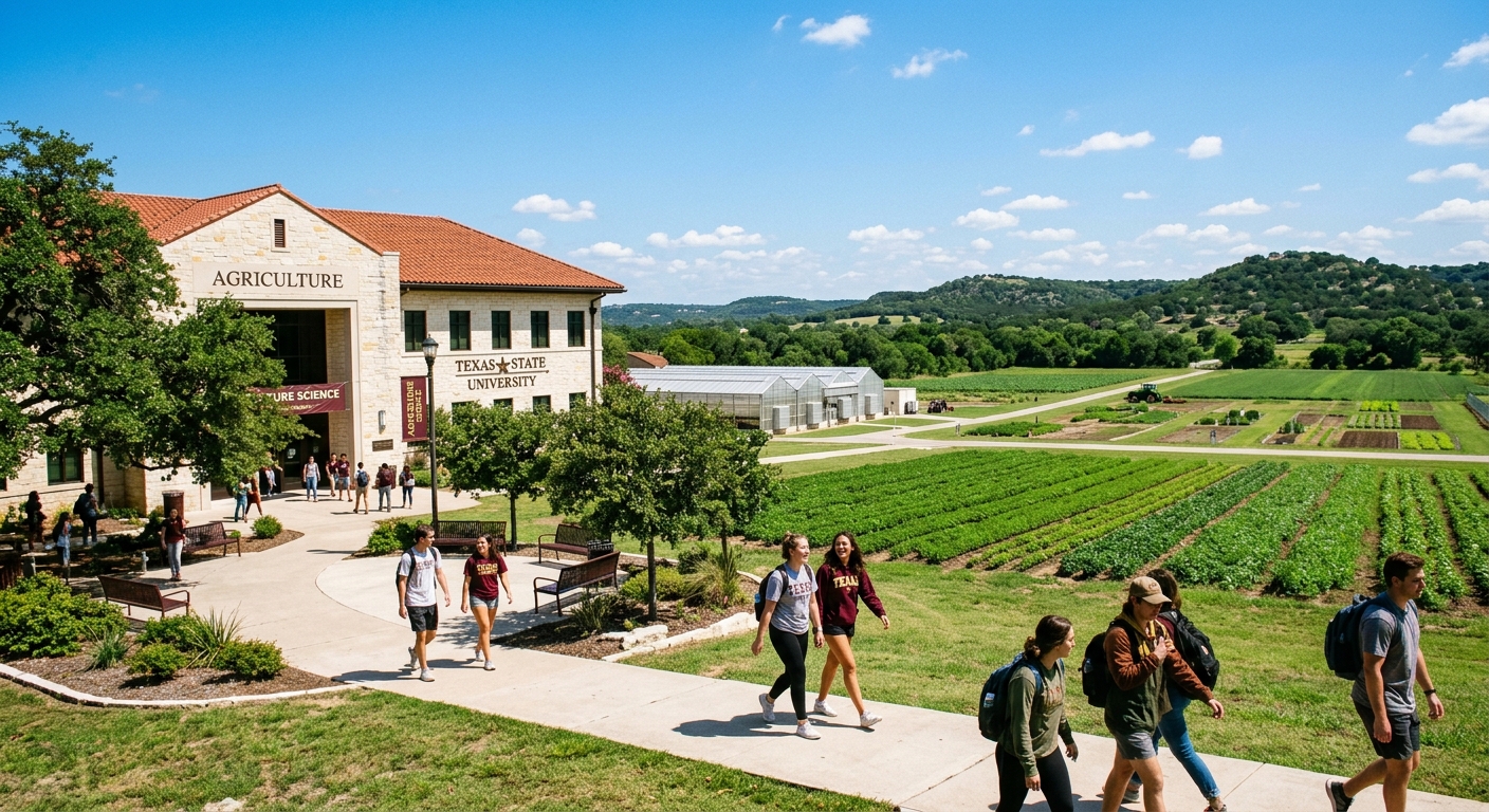Texas State University campus in San Marcos with green agricultural fields, students walking near the Agriculture Building, rolling Texas Hill Country landscape in the background under a clear blue sky