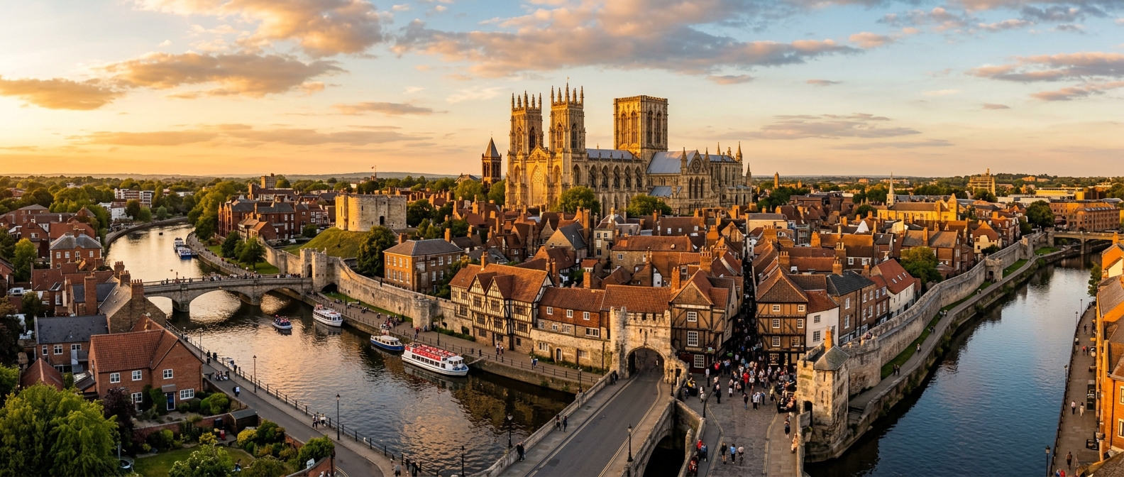 Panoramic view of York city centre, York Minster cathedral dominating the skyline, medieval city walls, River Ouse flowing through the city, cobbled streets of the Shambles, warm golden hour light