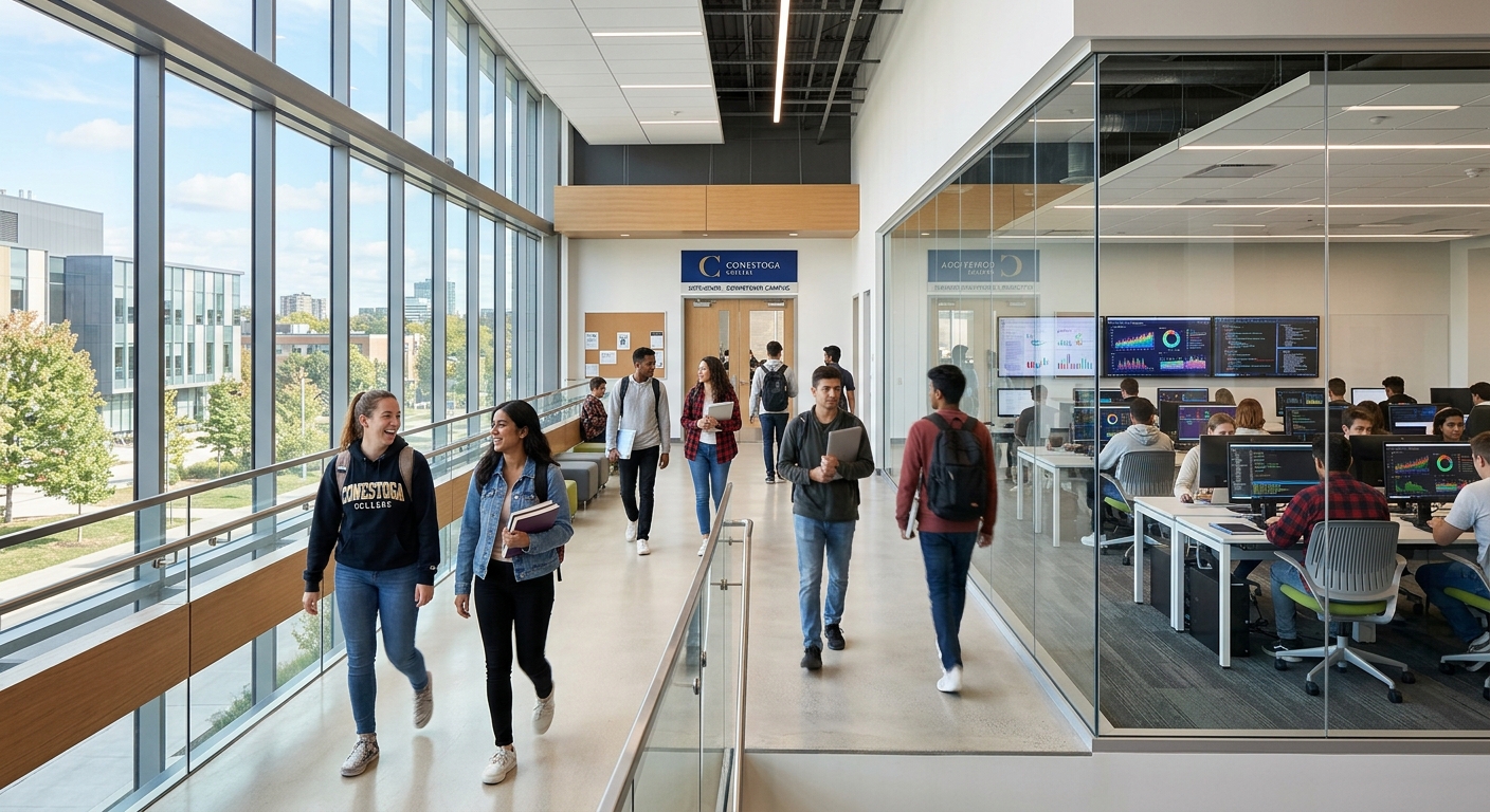 Modern Conestoga College campus building in Kitchener Ontario Canada, students walking through a bright contemporary hallway with glass windows, computer lab visible in the background with data visualizations on screens