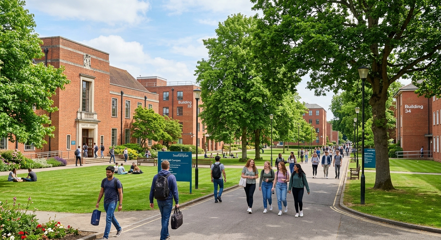 University of Southampton Highfield Campus with red-brick academic buildings, green lawns, and students walking along tree-lined pathways on a sunny day in Southampton, England