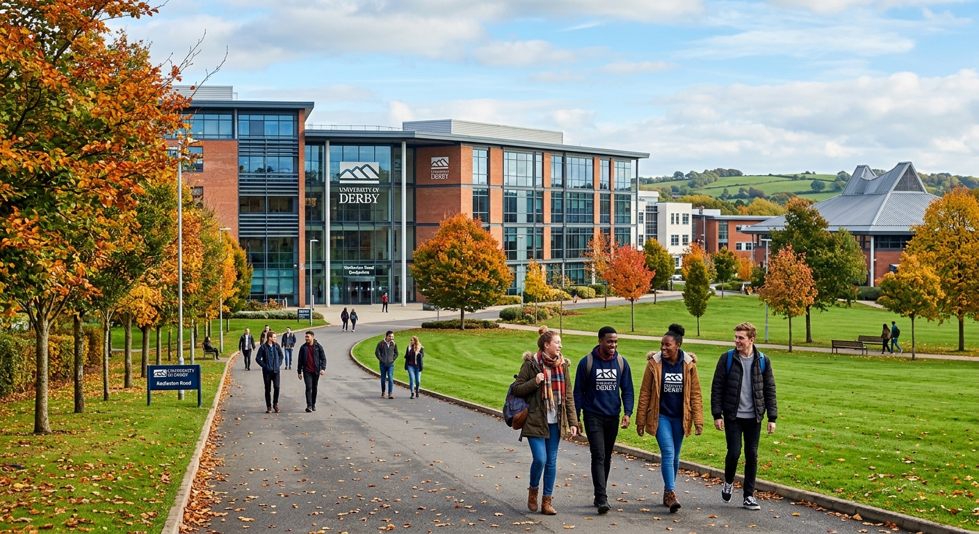 University of Derby Kedleston Road campus with modern academic buildings surrounded by green parkland, students walking along tree-lined pathways, bright autumn day in Derby, England