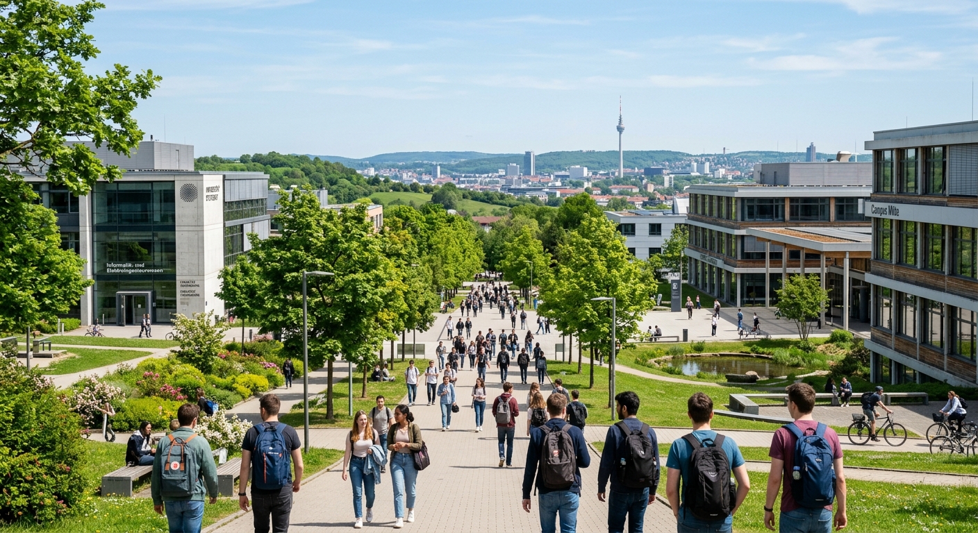 Modern university campus at University of Stuttgart Vaihingen, green landscaped grounds with contemporary academic buildings, students walking along tree-lined pathways, clear sky over Stuttgart cityscape in background