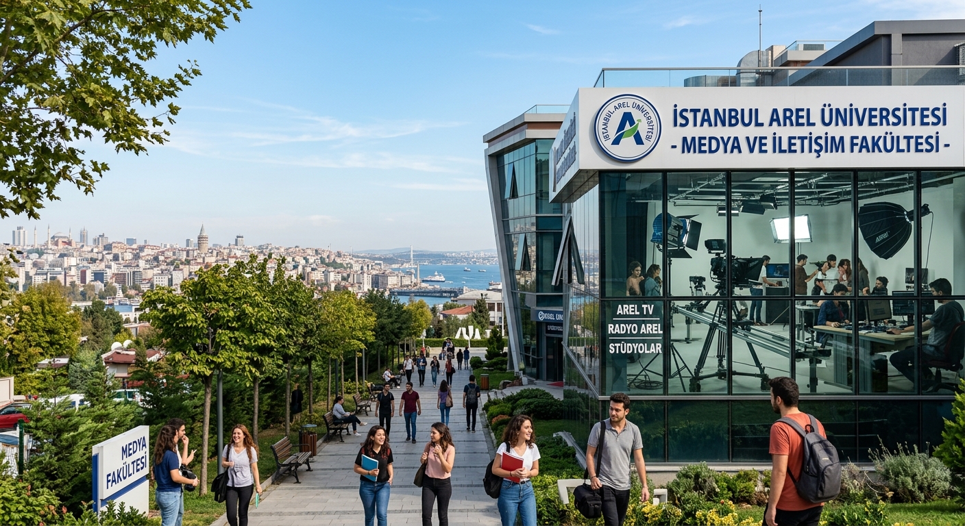Istanbul Arel University campus with modern media production building, film equipment visible through glass windows, students walking on tree-lined pathways, Istanbul cityscape in the background under clear blue sky