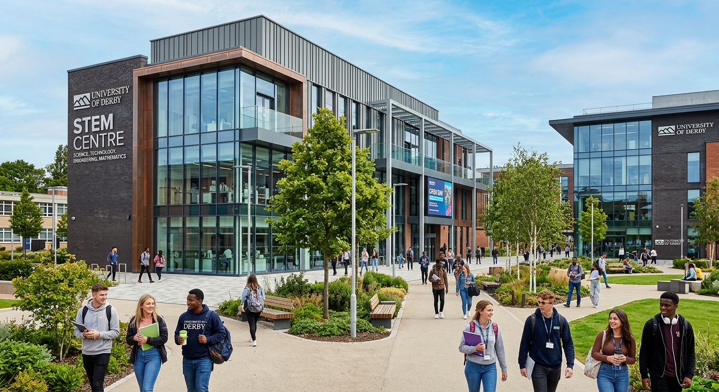 University of Derby modern campus building with STEM Centre, students walking through courtyard, green landscaping, contemporary glass and brick architecture in Derby, England