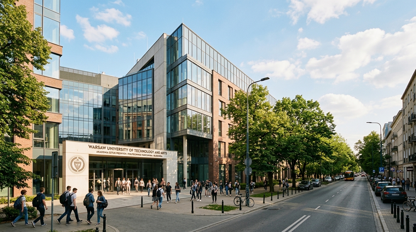 Wide shot of the University of Technology and Arts campus building on Olszewska Street in Warsaw, modern urban architecture, tree-lined street, warm afternoon light, students walking near the entrance