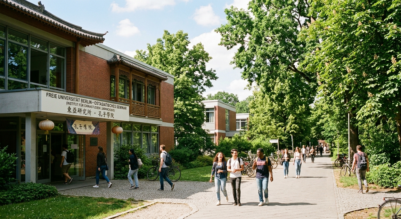 Historic Freie Universität Berlin campus in Dahlem district, green tree-lined walkways, students walking between modernist academic buildings, East Asian studies department with cultural motifs, sunny Berlin atmosphere