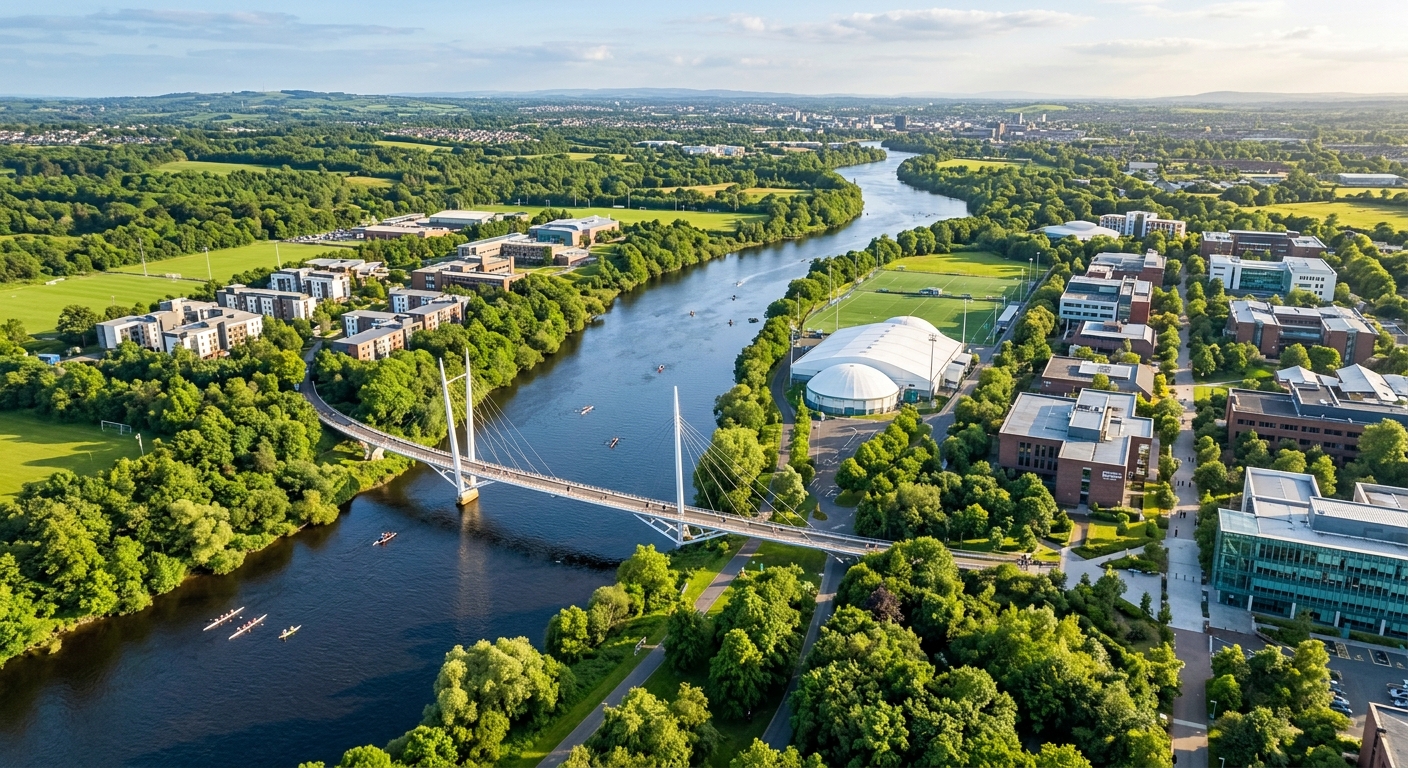 University of Limerick campus wide aerial view showing the River Shannon flowing through lush green parklands, the iconic Living Bridge connecting north and south campuses, modern academic buildings, student villages, and the University Arena, bathed in soft Irish afternoon light
