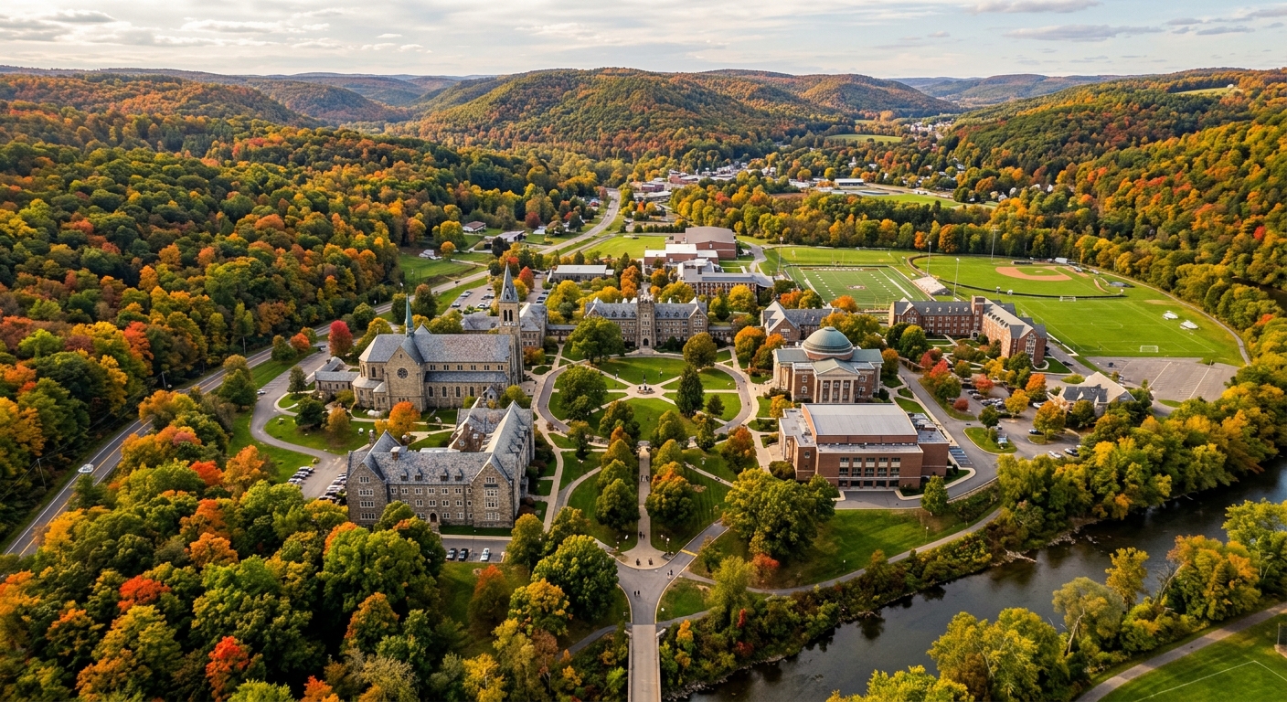 Aerial view of St. Bonaventure University campus in Allegany New York, historic stone and brick buildings surrounded by lush green forests and rolling Appalachian foothills, autumn foliage, serene rural setting