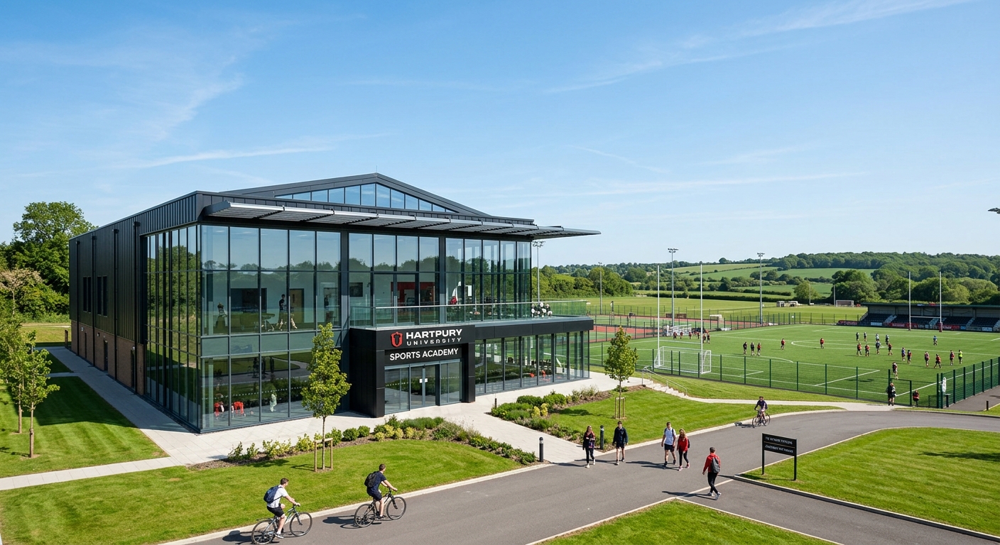 Hartpury University Sports Academy building exterior with modern glass facade, sports pitches visible in background, green campus grounds, clear sky