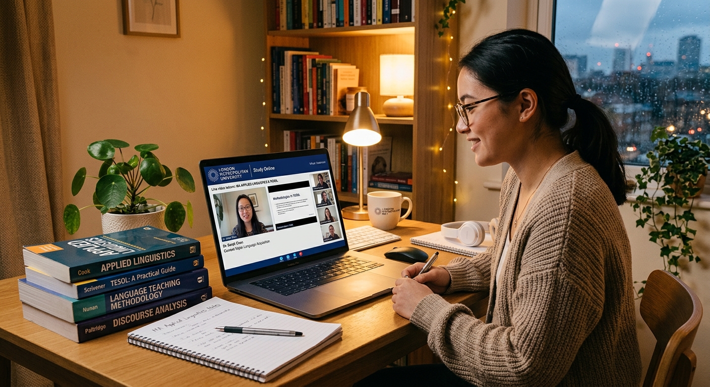 Modern distance learning setup with a laptop showing an online classroom, books on applied linguistics and TESOL, a cozy home study environment with warm lighting, London Metropolitan University branding visible on screen
