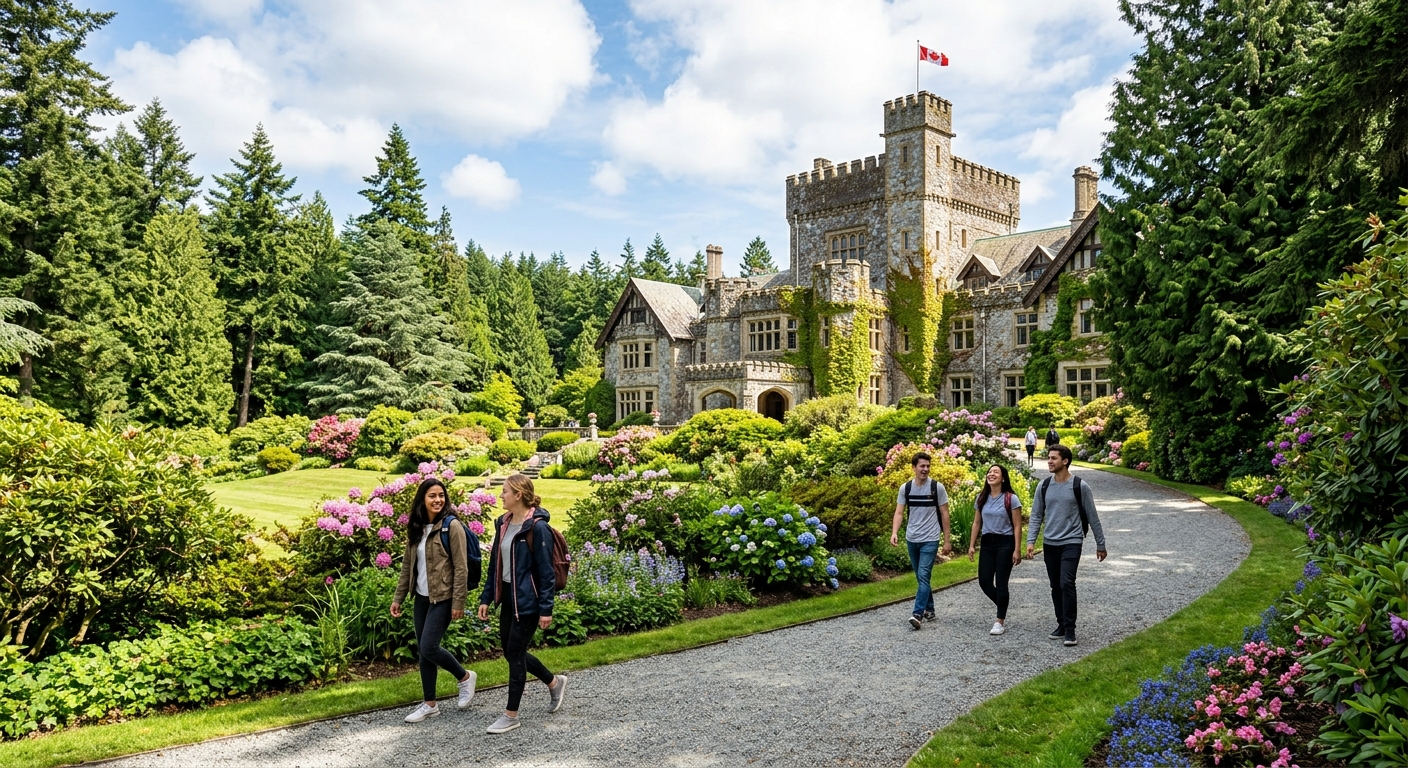 Historic Hatley Castle at Royal Roads University campus in Victoria, British Columbia, surrounded by lush green gardens and tall evergreen trees, with students walking along pathways on a sunny day