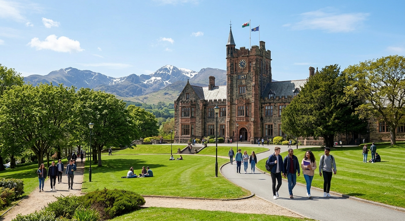 Bangor University historic main arts building with clock tower surrounded by green lawns, mountains of Snowdonia visible in the background, students walking along pathways under clear skies in North Wales