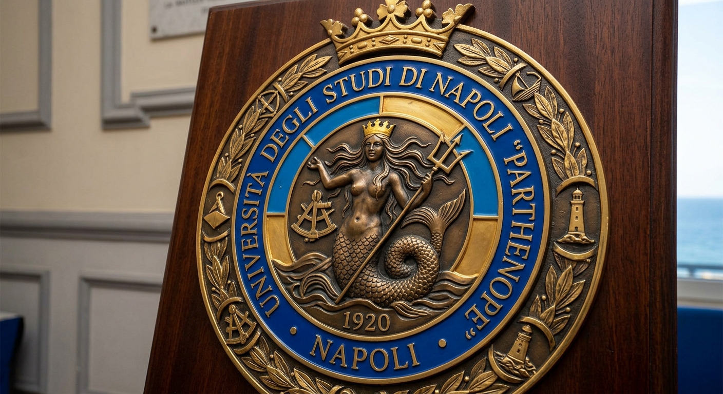 Parthenope University of Naples official logo, shield emblem with siren Parthenope symbol, blue and gold university crest