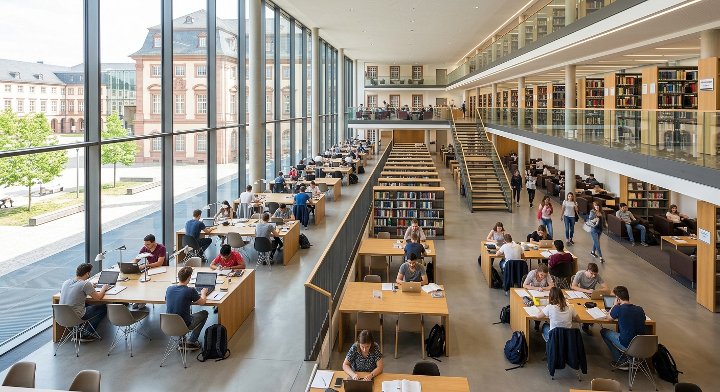 Modern university library interior at the University of Mannheim, bright open spaces, students studying at desks, floor-to-ceiling windows, contemporary design
