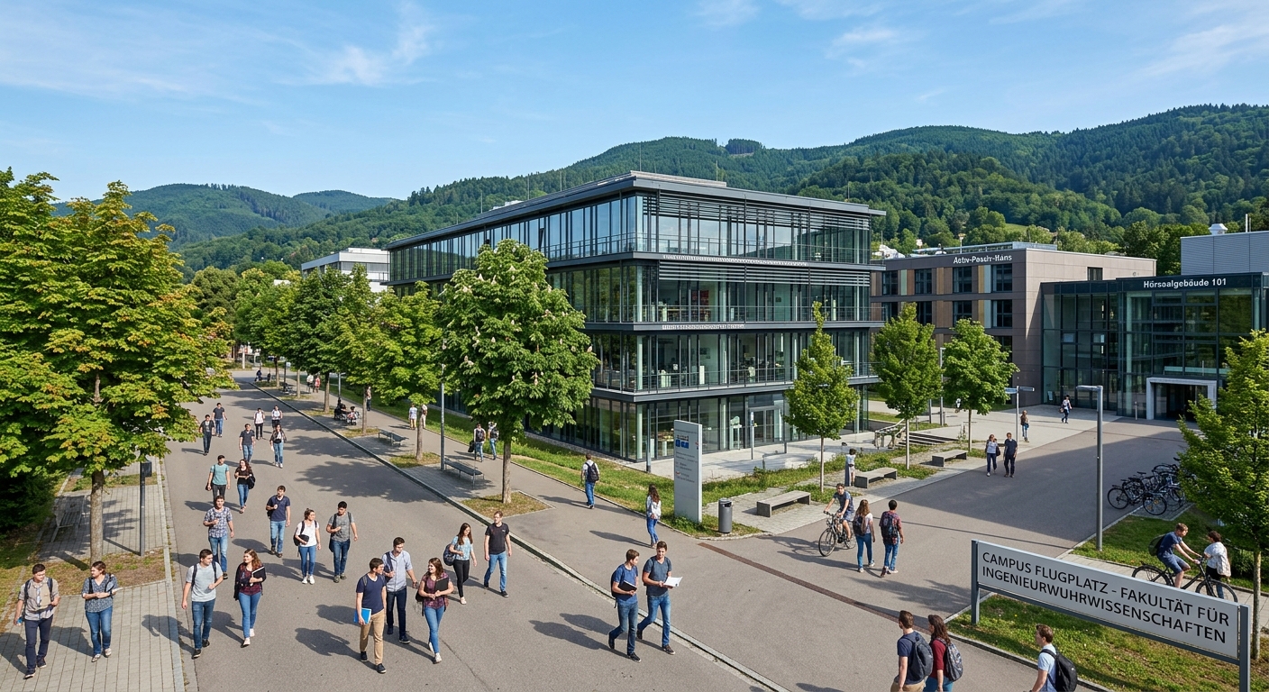 Modern Faculty of Engineering campus at the University of Freiburg, Germany, featuring contemporary glass and steel buildings, students walking along tree-lined pathways, with the Black Forest hills visible in the background under clear blue skies