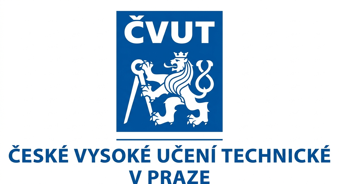 Czech Technical University in Prague official logo, blue shield emblem with ČVUT abbreviation and stylized lion, clean white background