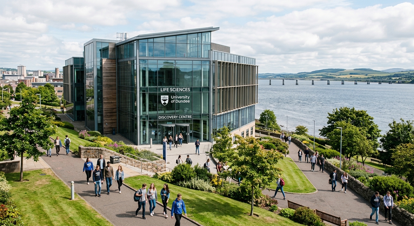 University of Dundee Life Sciences building exterior with modern glass architecture, students walking along pathways, green campus grounds with views of the River Tay in Scotland