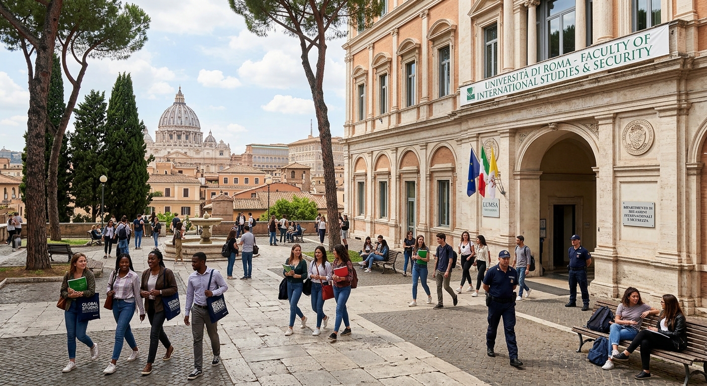 Modern university campus in Rome Italy with classical architecture, students walking through courtyard, security and international studies theme, European cityscape in background with historic Roman buildings