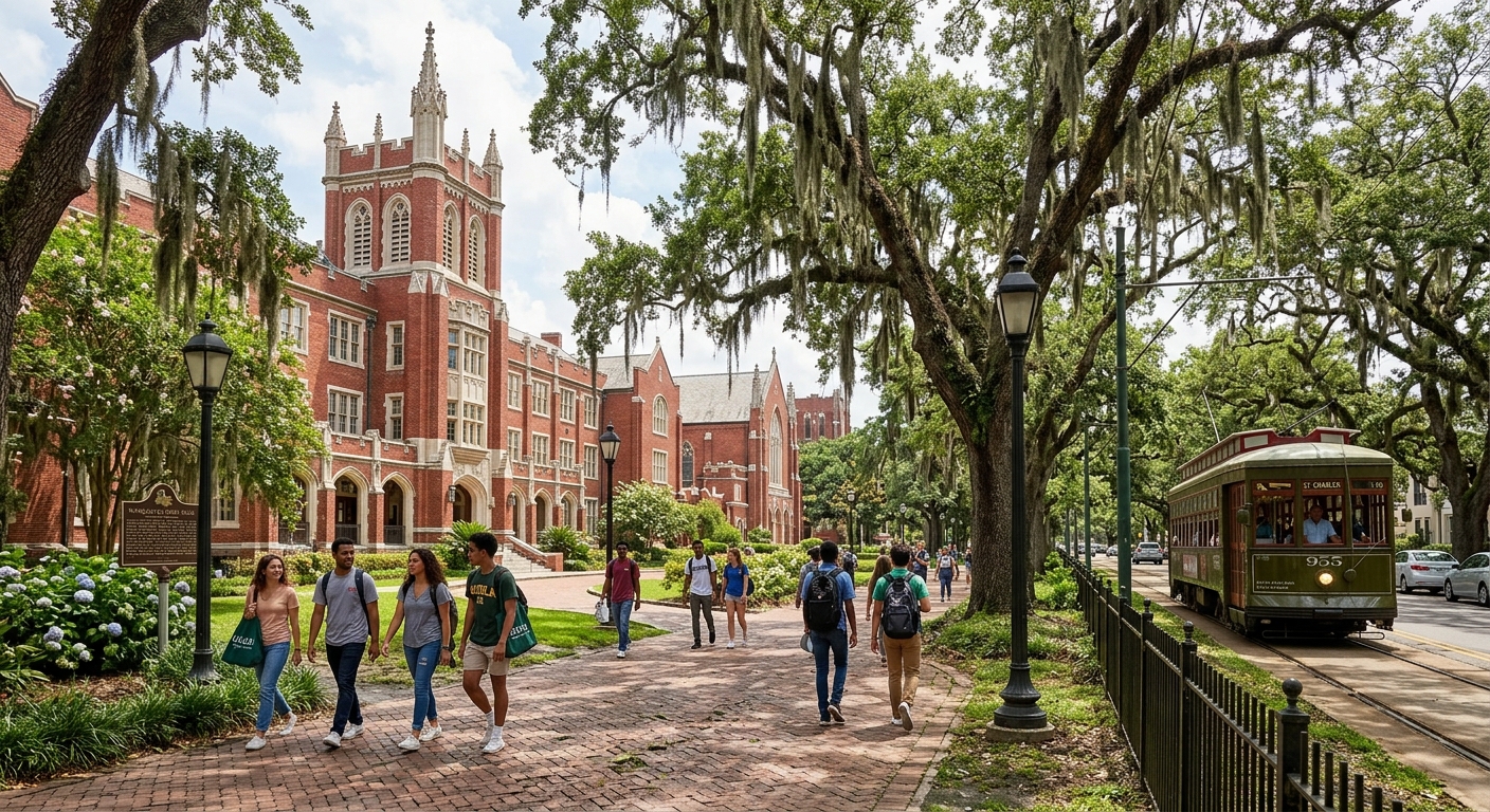 Loyola University New Orleans historic campus with red-brick Gothic Revival buildings, lush green oak trees draped in Spanish moss, students walking along tree-lined pathways with St. Charles Avenue streetcar visible in the background