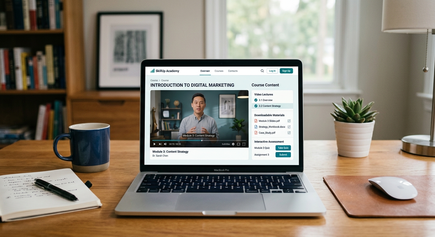 Modern digital learning platform interface showing video lectures, downloadable course materials, and interactive assessment tools on a laptop screen in a professional home office setting
