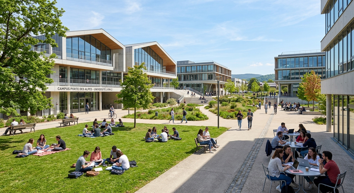 Porte des Alpes campus in Bron, modern university buildings surrounded by green lawns and open courtyards, students studying outdoors, contemporary architecture