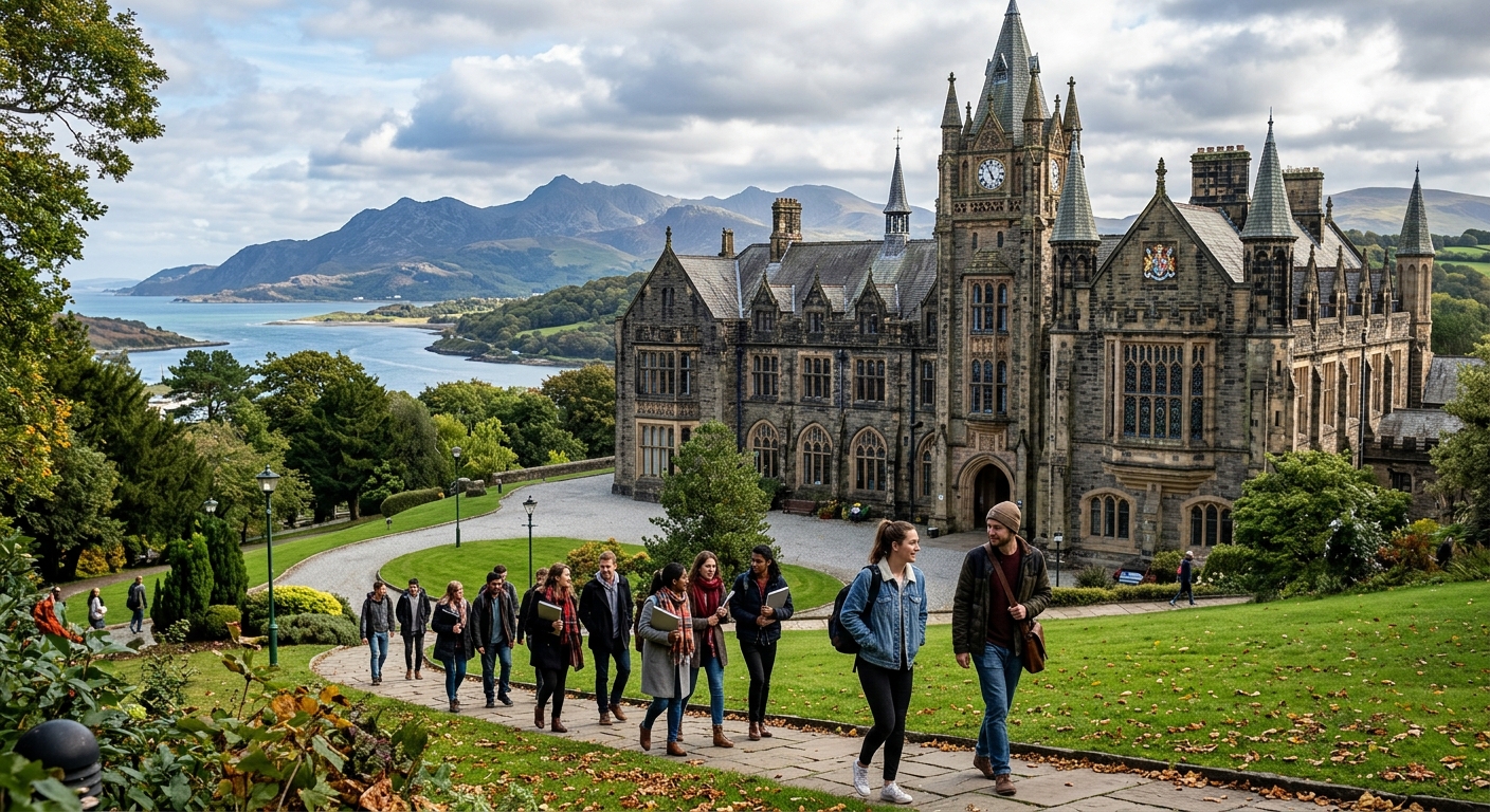 Historic Bangor University main arts building with Victorian Gothic architecture, set against the backdrop of Snowdonia mountains and the Menai Strait in North Wales, with postgraduate students walking on campus pathways