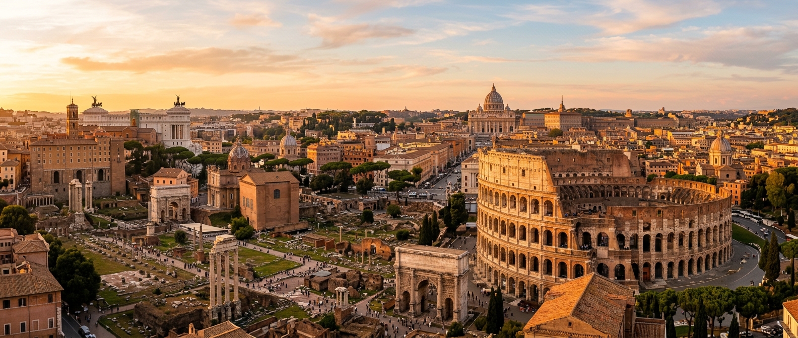 Rome cityscape panoramic view, Colosseum and Roman Forum in foreground, dome of St. Peter's Basilica in background, warm golden hour lighting, historic Italian architecture