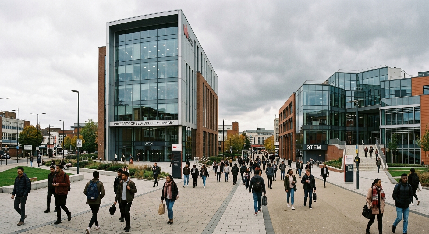 University of Bedfordshire Luton campus wide shot, modern STEM building and seven-storey library, town centre setting with pedestrian walkways, overcast English sky, students walking between buildings