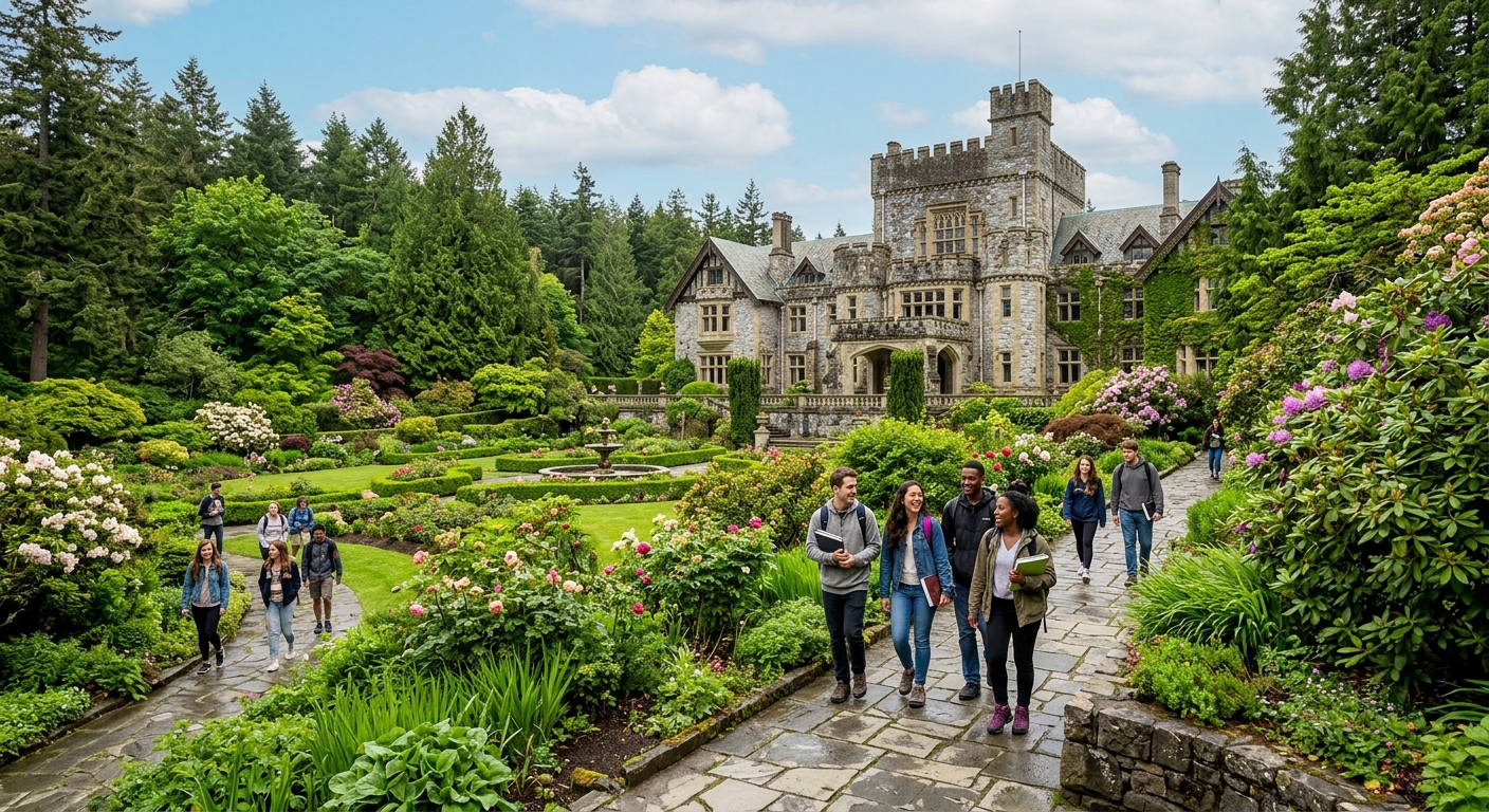 Royal Roads University historic Hatley Castle campus surrounded by lush green gardens and forest, with students walking along stone pathways on Vancouver Island, British Columbia, Canada